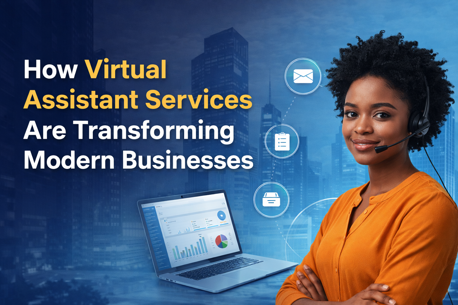 Professional virtual assistant providing business support services with digital productivity tools, representing how virtual assistant services transform modern businesses.